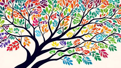 Abstract illustration of a tree with branches and leaves of different colors, representing diversity and growth with copy space.