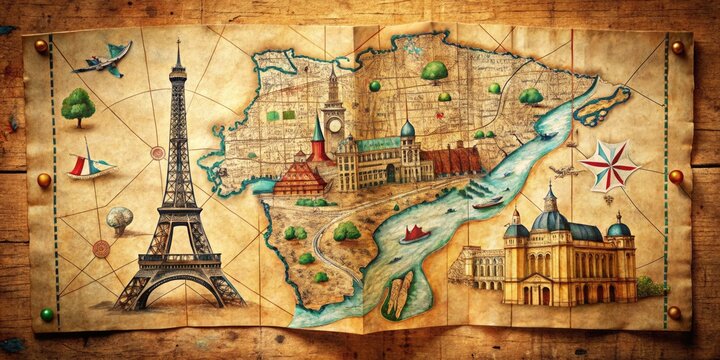 Vintage-style illustration of a worn, creased map unfolding to reveal a scenic route to Paris, France, with iconic landmarks and charming cityscapes.