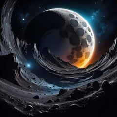 Stunning cosmic landscape showcasing a large moon over a rocky extraterrestrial terrain under a star-filled sky