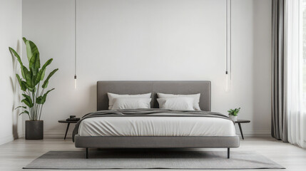 Elegant minimalist bedroom with grey bed frame, light grey accent wall, white walls,