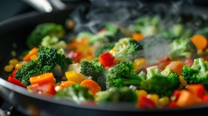 broccoli being cooked in a pan with other colorful vegetables, representing a nutritious and delicious dish.