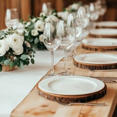 Rustic wedding table arrangement featuring wood slice chargers, white plates, wine glasses, and floral decor with white flowers.