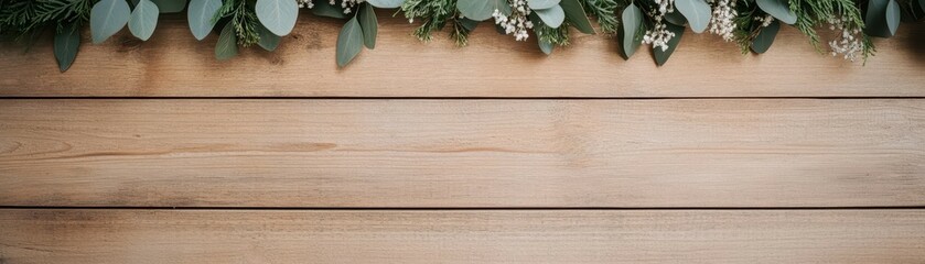 Horizontal wooden background with green foliage and white floral decoration along the top edge, creating a natural and rustic theme.