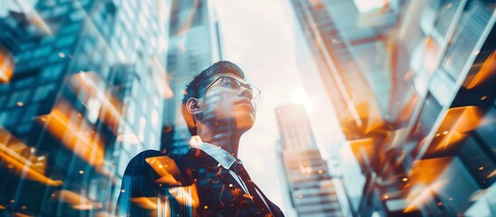 Naklejka premium Business person double exposure portrait photo collage of business technology city bold graphic photos. Generative AI