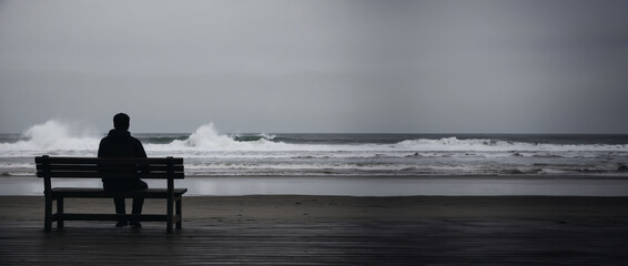 A silhouette of a person sitting on a wooden bench by the ocean, The overcast sky and empty beach emphasize the feeling of solitude and peaceful contemplation.