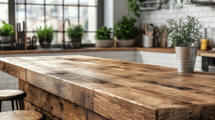Rustic kitchen counter with wooden textures, sunlight streaming through, featuring potted herbs and kitchenware, ideal for a cozy atmosphere.
