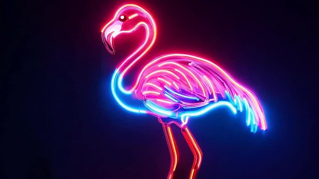 A neon pink flamingo is lit up in a dark room