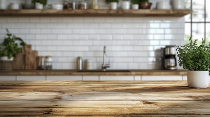 Sunlit rustic kitchen with a wooden table, potted herbs, and modern kitchen decor, perfect for food preparation and cozy interiors.