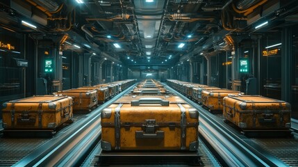 Juxtaposition of futuristic aluminum cases and weathered old suitcases on a conveyor belt in a high-tech airport setting, a clash of time periods
