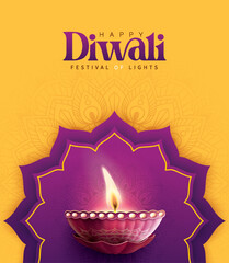 Happy Diwali festival with oil lamp, Rangoli decoration with Diya, Diwali holiday Background with rangoli, Diwali celebration greeting card,vector.