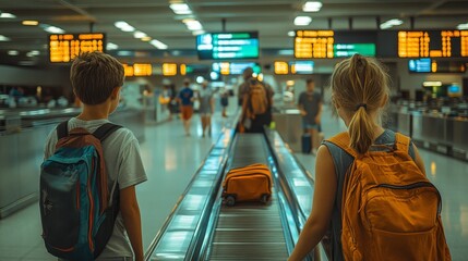 Kids making a game out of the baggage claim area, while parents focus on the moving conveyor belt, the scene capturing both playfulness and responsibility