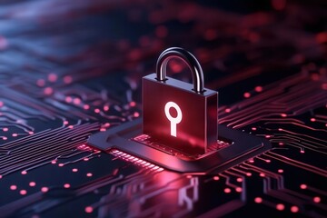 Digital padlock symbolizing cybersecurity and data protection on a circuit board with glowing lights.