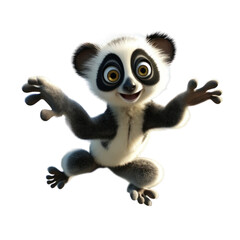 Fototapeta premium A cartoon baby lemur with big eyes and a wide smile jumps excitedly with its arms outstretched.