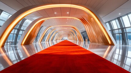 Fototapeta premium Luxurious baggage claim area with red carpets, golden accents, futuristic architecture, and soft ambient lighting, captured in high-definition photography with a wide-angle lens, modern luxury