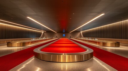 Luxurious first-class terminal baggage claim, gold-plated luggage carousels, plush red carpets, elegant lighting, premium traveler experience