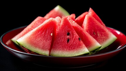 Ripe, juicy watermelon slices on a red plate.