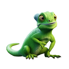 Obraz premium A cartoon chameleon with big eyes and a wide mouth, looking scared or surprised, sitting on a black background.