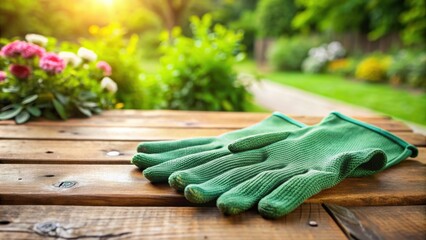 Close-up of green gardening gloves on a wooden table in a garden, gardening, gloves, green, gardener, hand protection