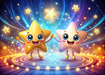 Fototapeta premium Whimsical cartoon mascots with glowing skin tones and radiant auras pose together, surrounded by swirling lights and stars, exuding joy and innocence.