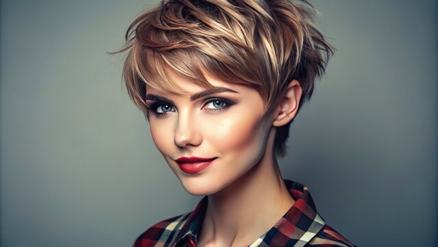 Whimsical female model showcases a vibrant, layered pixie cut with subtle highlights and choppy edges, adding to her
