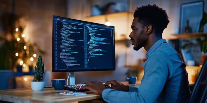 High angle view at software developer writing code while using computer at his desk 