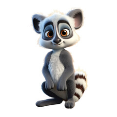 Fototapeta premium A cartoon lemur with a white and gray coat and a ringed tail sits on its haunches with a curious expression on its face.