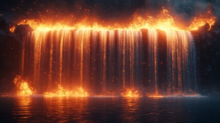 Fototapeta premium A Fiery Waterfall Cascading into a Calm Lake