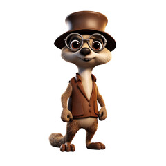 Fototapeta premium A cartoon meerkat wearing a top hat, glasses, and a brown jacket.