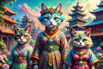 Whimsical illustration of fantastical feline friends, anthropomorphic cat characters with vibrant fur and accessories, posing in a colorful, dreamlike setting with Japanese-inspired architecture.