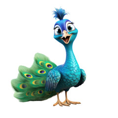 Obraz premium A cartoon peacock with bright blue feathers and a large green tail, with a big smile on its face.