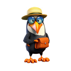 Obraz premium A cartoon penguin wearing a straw hat, sunglasses, and carrying a small purse.