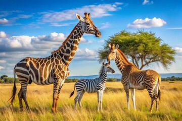 Wildlife friends roam freely together in a sun-kissed savannah, a gentle giraffe and a playful zebra enjoying each