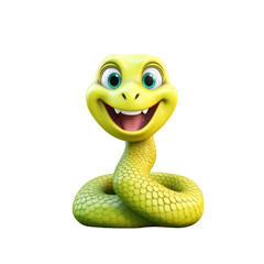 Fototapeta premium A cartoon snake with a smiling face and green scales, isolated on a black background.