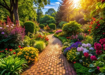 Obraz premium Winding brick path surrounded by lush greenery and vibrant flowers leads through a serene and peaceful garden landscape on a sunny afternoon.