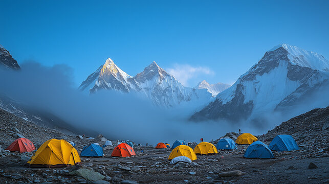 Mount Everest, view from base camp with small colorful tents scattered on the hillside, majestic mountains in the background, Ai generated Images