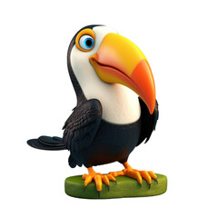 Naklejka premium A cartoon toucan with a large, colorful beak is standing on a green platform.