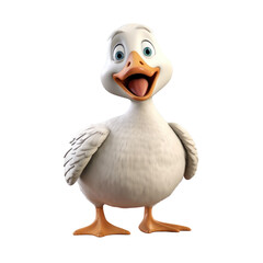 A cartoon white duck with a big smile and orange feet and beak.