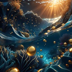 Underwater landscape with golden orbs and vibrant coral at sunrise in a serene ocean environment
