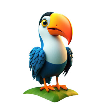 recommend clip art: A cartoon toucan with a large orange beak standing on a green leaf.