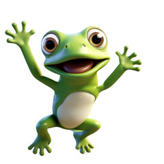 Fototapeta premium A cheerful green cartoon frog with big eyes and a wide smile stands on its hind legs with its arms raised in the air.