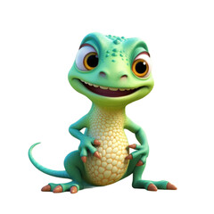 Fototapeta premium A cheerful green lizard with large eyes and a toothy grin sits with its arms crossed.