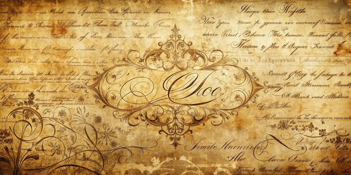 Worn, distressed paper background features a beautiful, ornate vintage script font with flourishes and swashes, evoking a nostalgic sense of classic elegance and refinement.