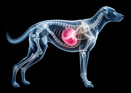 X-ray image of a dog's abdomen showing enlarged uterus filled with purulent fluid, indicating pyometra, a life-threatening uterine infection common in unspayed female dogs.
