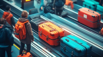 Fototapeta premium Overcrowded conveyor belt with tangled luggage, stressed travelers struggling to identify their bags, conveying the chaotic reality of lost luggage