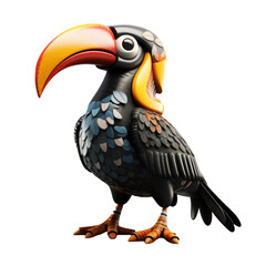 Obraz premium A colorful toucan with a large beak, a black body with blue and brown feathers, and yellow feet.