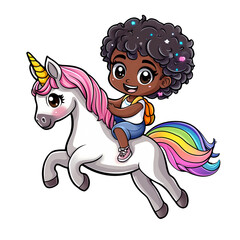 cute Girl riding on unicorn on transparent isolated Sticker, generated ai