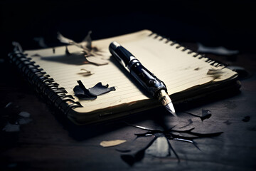 A powerful image of a broken pen lying beside a torn notebook, symbolizing the silencing of voices and the suppression of truth.