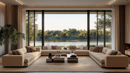 Fototapeta premium High-quality living room design with plush sofas, large windows showing a river, and a