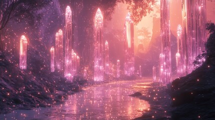 Fototapeta premium Glowing Pink Crystal Forest with River at Dusk