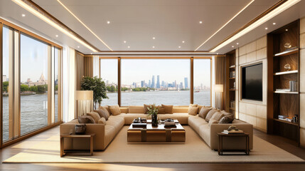 High-quality living room with river views, beige decor, large windows, and wooden textures,